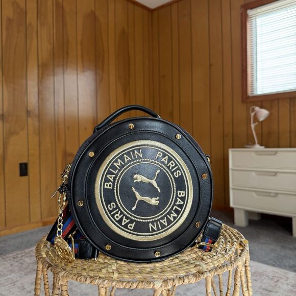 Balmain Handbags - Puma X Balmain Leather Satin Round Backpack Black Gold Streetwear RARE find!